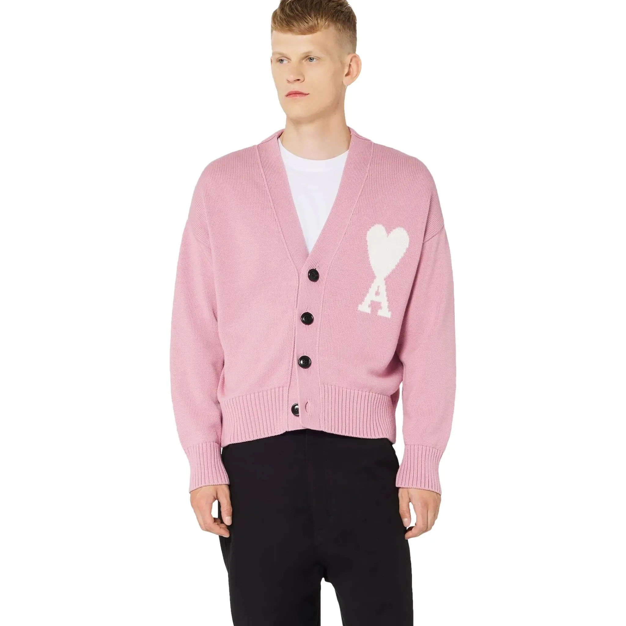 Ami Paris Ami De Coeur ADC Pink White Knit Cardigan< Sweatshirts & Hoodies