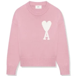 Ami Paris Ami De Coeur Logo Intarsia Pink Knit Sweatshirt< Sweatshirts & Hoodies