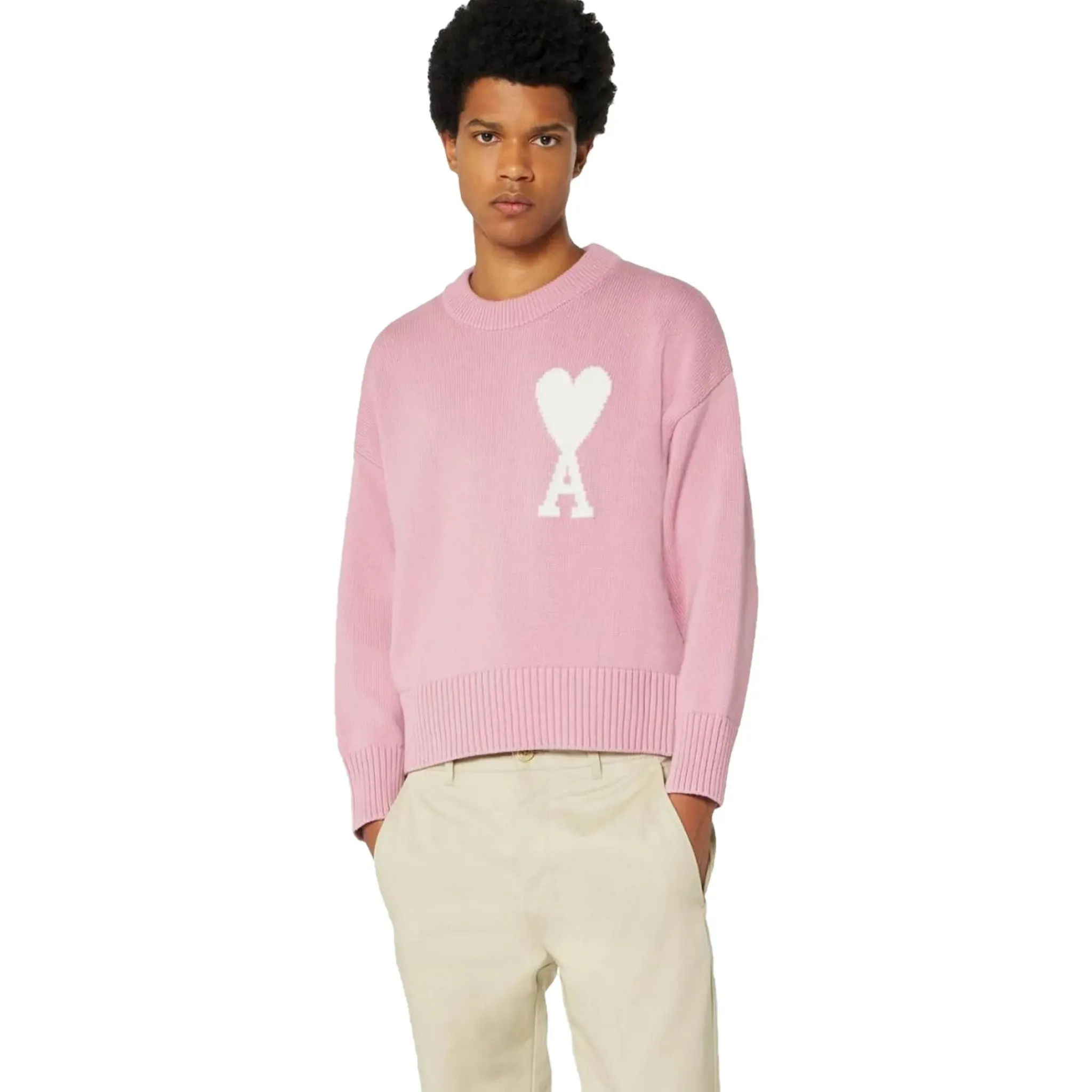 Ami Paris Ami De Coeur Logo Intarsia Pink Knit Sweatshirt< Sweatshirts & Hoodies