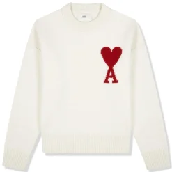 Ami Paris Red Ami De Coeur Logo Intarsia Off White Sweatshirt< Sweatshirts & Hoodies
