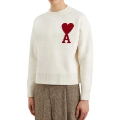 Ami Paris Red Ami De Coeur Logo Intarsia Off White Sweatshirt< Sweatshirts & Hoodies