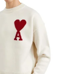 Ami Paris Red Ami De Coeur Logo Intarsia Off White Sweatshirt< Sweatshirts & Hoodies