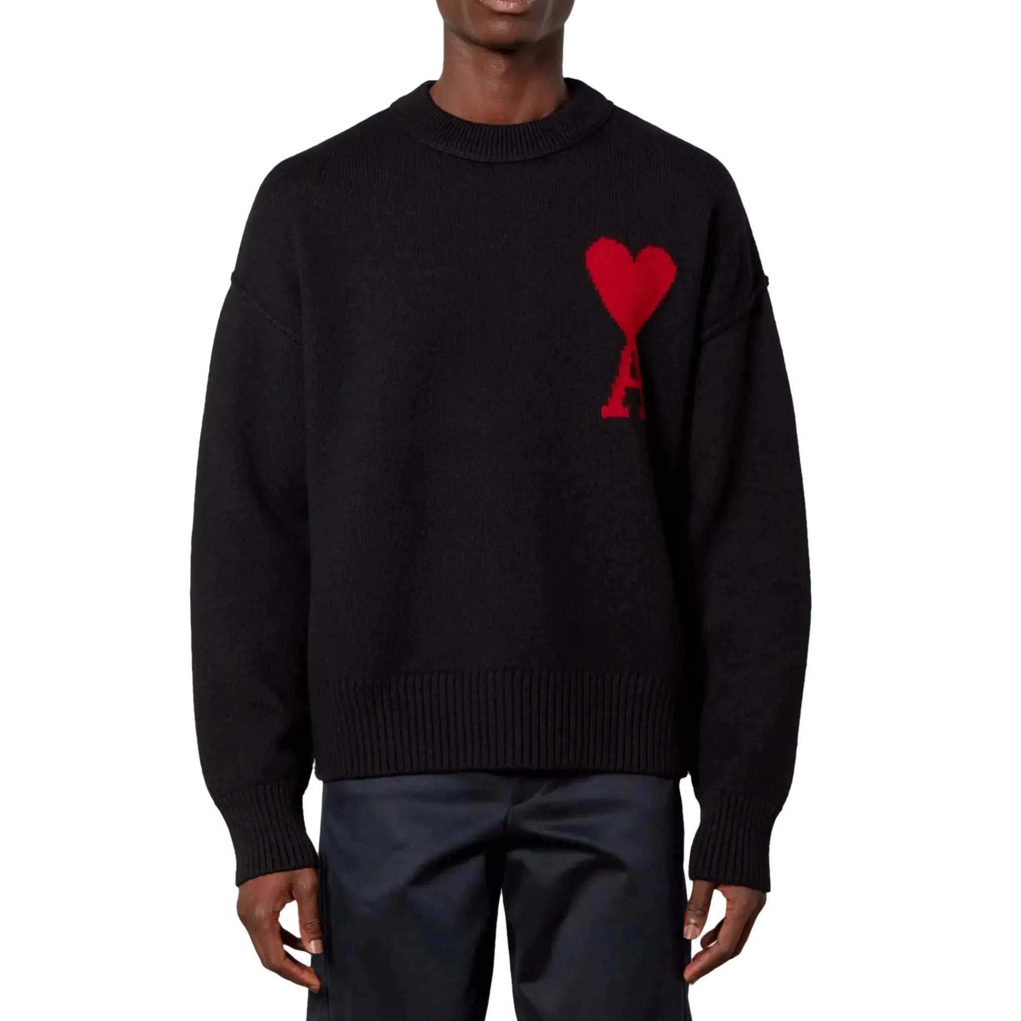 Ami Paris Red Ami De Coeur Logo Intarsia Off Black Sweatshirt< Sweatshirts & Hoodies