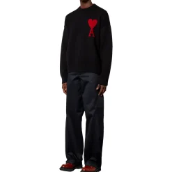Ami Paris Red Ami De Coeur Logo Intarsia Off Black Sweatshirt< Sweatshirts & Hoodies
