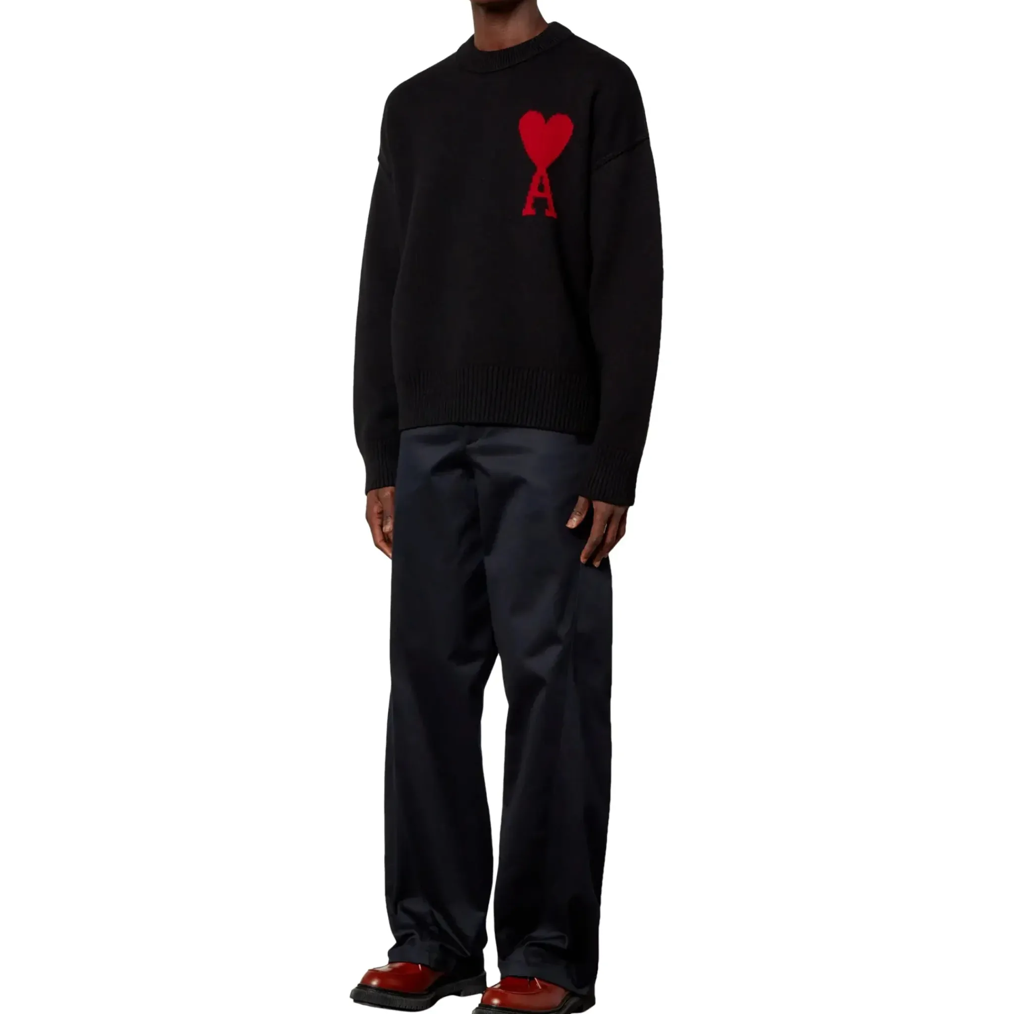 Ami Paris Red Ami De Coeur Logo Intarsia Off Black Sweatshirt< Sweatshirts & Hoodies