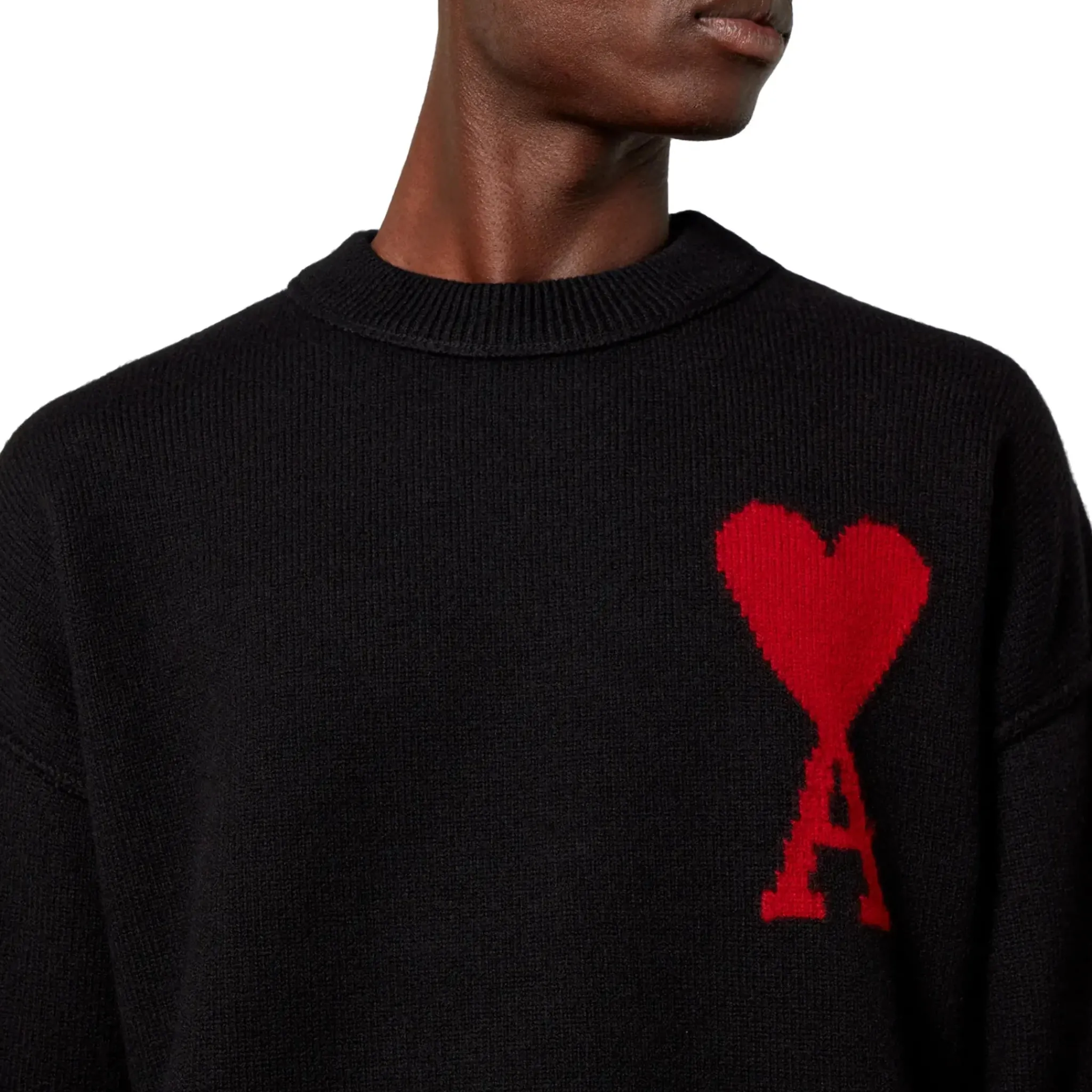 Ami Paris Red Ami De Coeur Logo Intarsia Off Black Sweatshirt< Sweatshirts & Hoodies