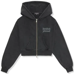Broken Planet Market Broken Planet Basics Washed Soot Black Cropped Zip-Up Hoodie< Sweatshirts & Hoodies
