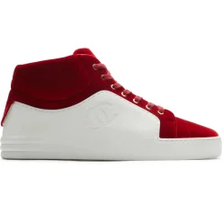 Chanel CC High White Red Velvet Sneaker - Preloved< White Trainers|Designer Trainers