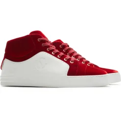 Chanel CC High White Red Velvet Sneaker - Preloved< White Trainers|Designer Trainers