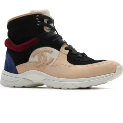 Chanel CC Logo Black Burgundy Blue Beige Suede High Sneaker - Preloved< Designer Trainers