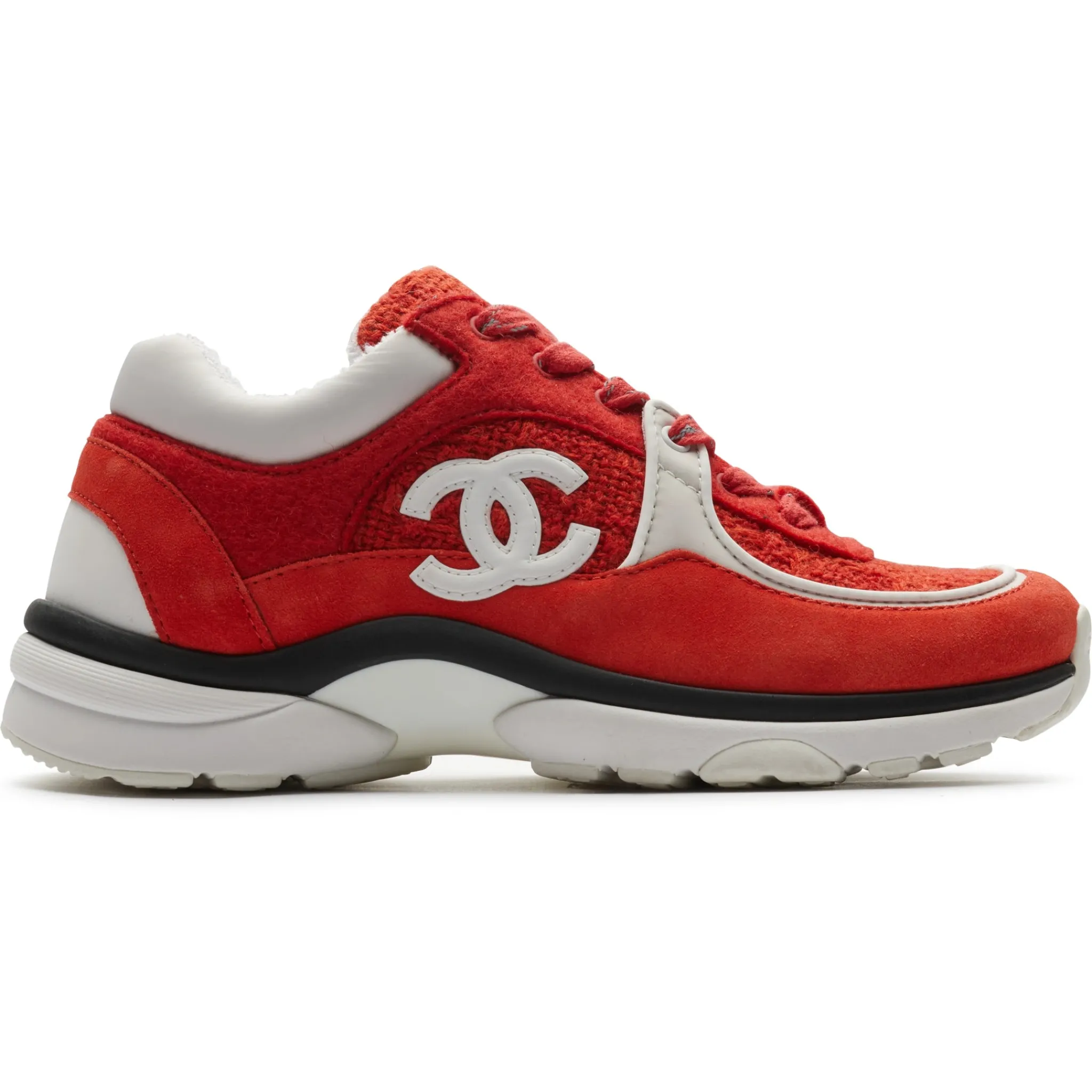 Chanel CC Logo Suede Red Tweed Sneaker - Preloved< Designer Trainers