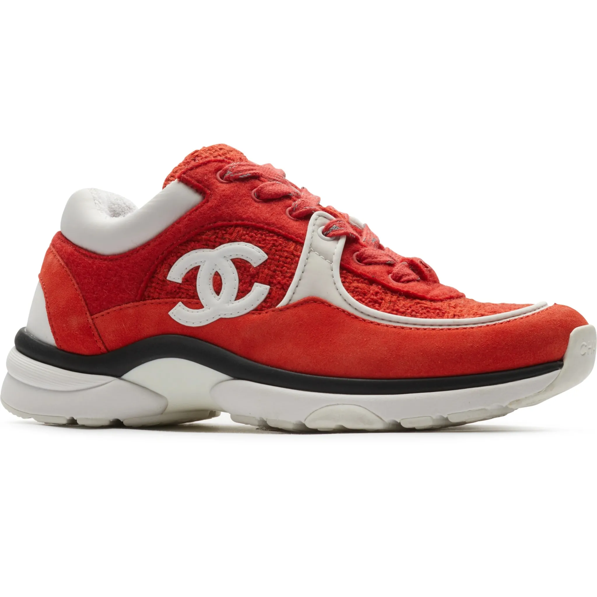 Chanel CC Logo Suede Red Tweed Sneaker - Preloved< Designer Trainers