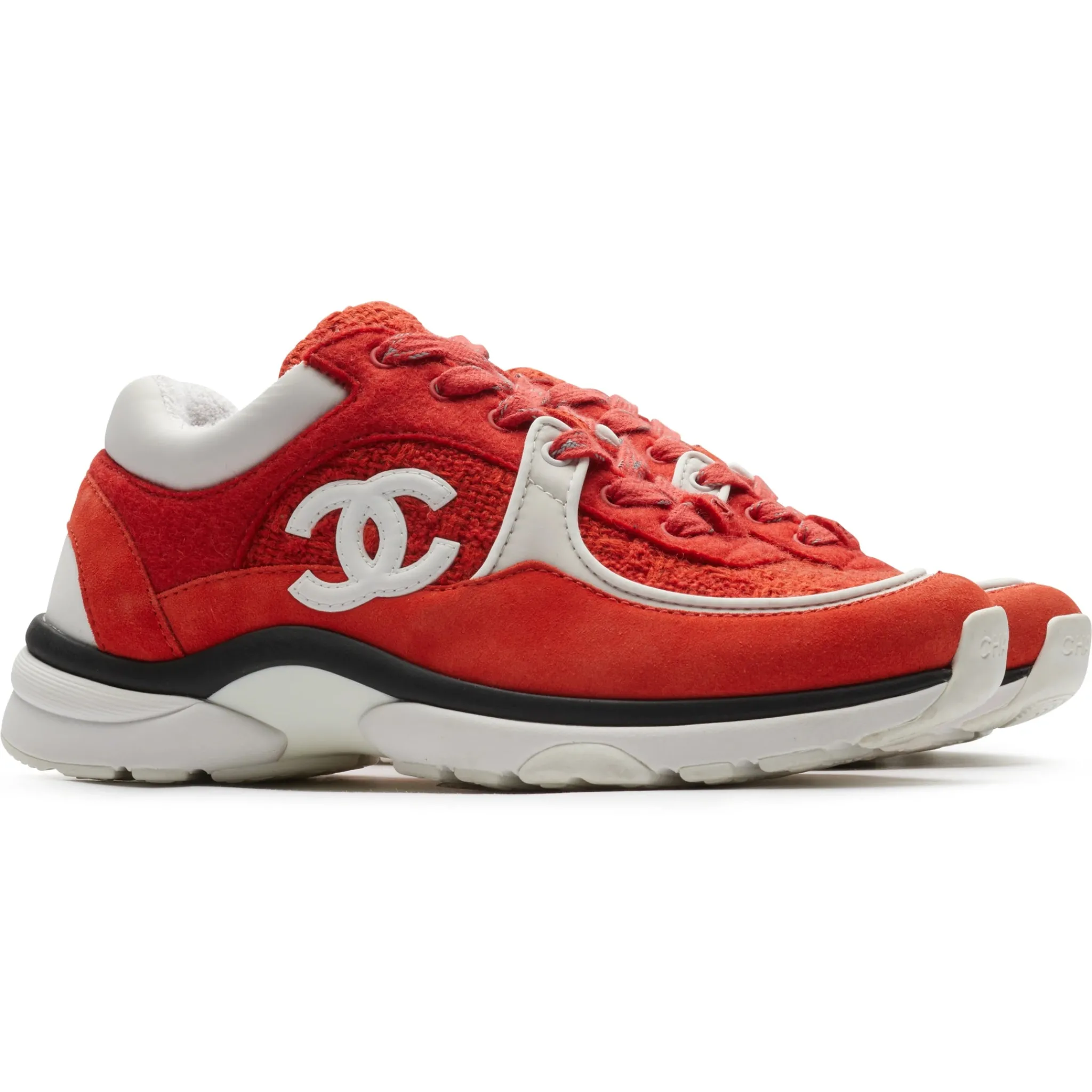 Chanel CC Logo Suede Red Tweed Sneaker - Preloved< Designer Trainers