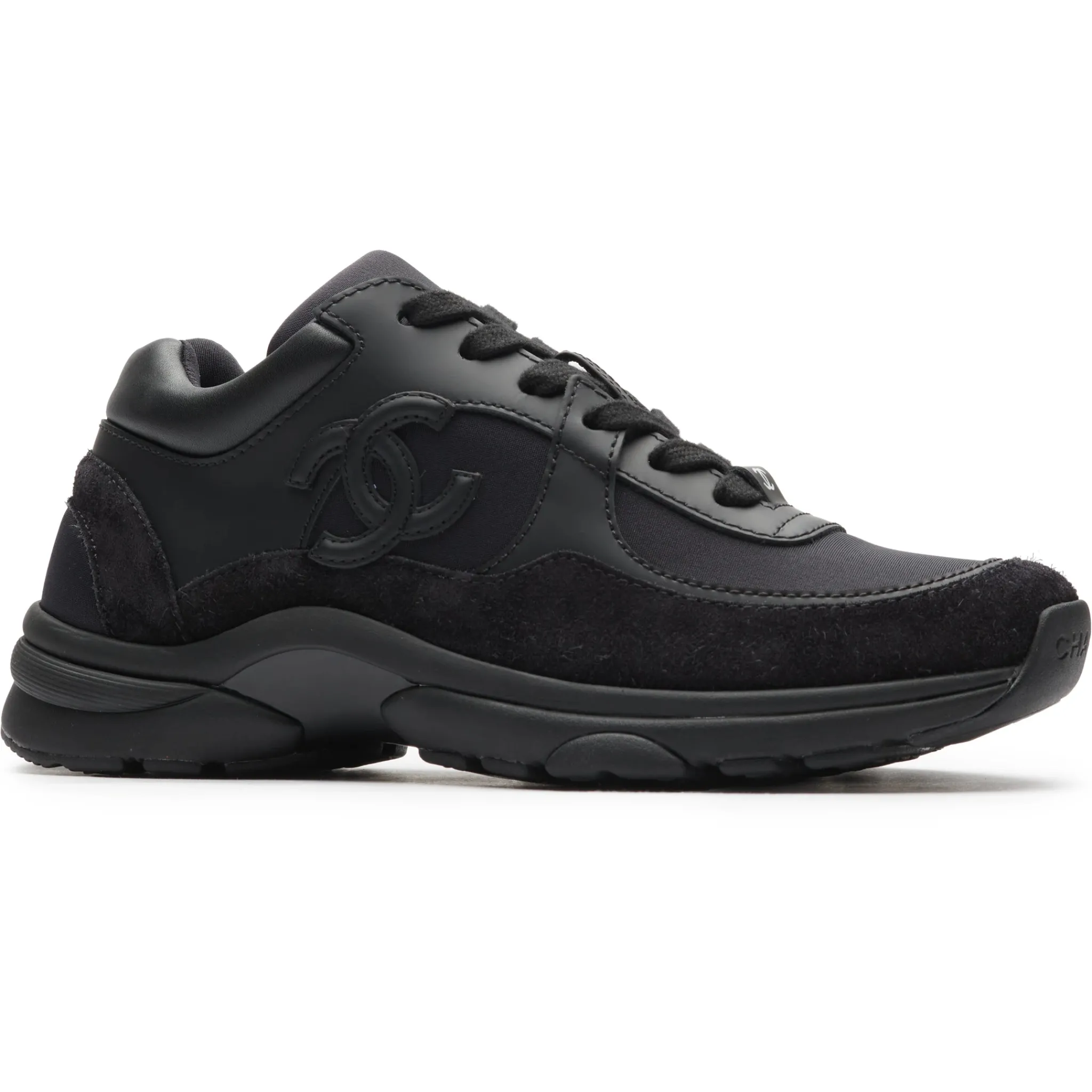 Chanel CC Logo Suede Triple Black Sneaker - Preloved< Black Trainers|Designer Trainers