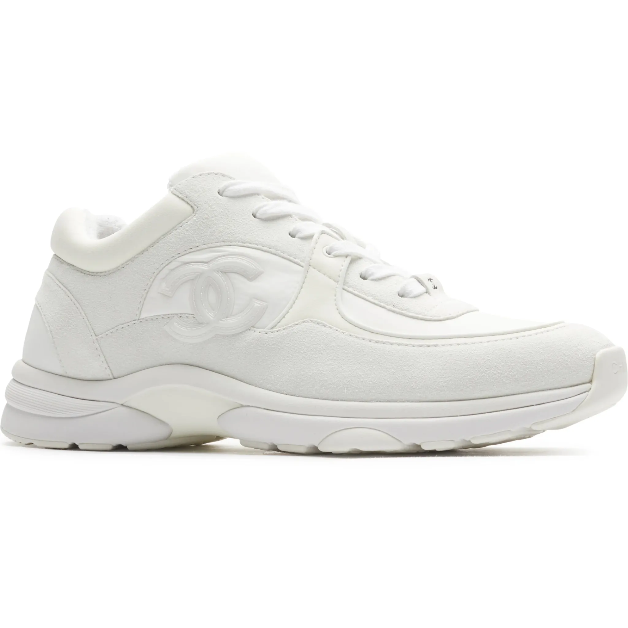 Chanel CC Logo Triple White Nylon Reflective Sneaker - Preloved< White Trainers|Designer Trainers