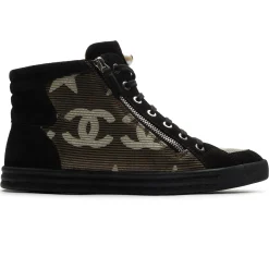 Chanel CC Star Suede Mesh Black High Sneaker - Preloved< Black Trainers|Designer Trainers