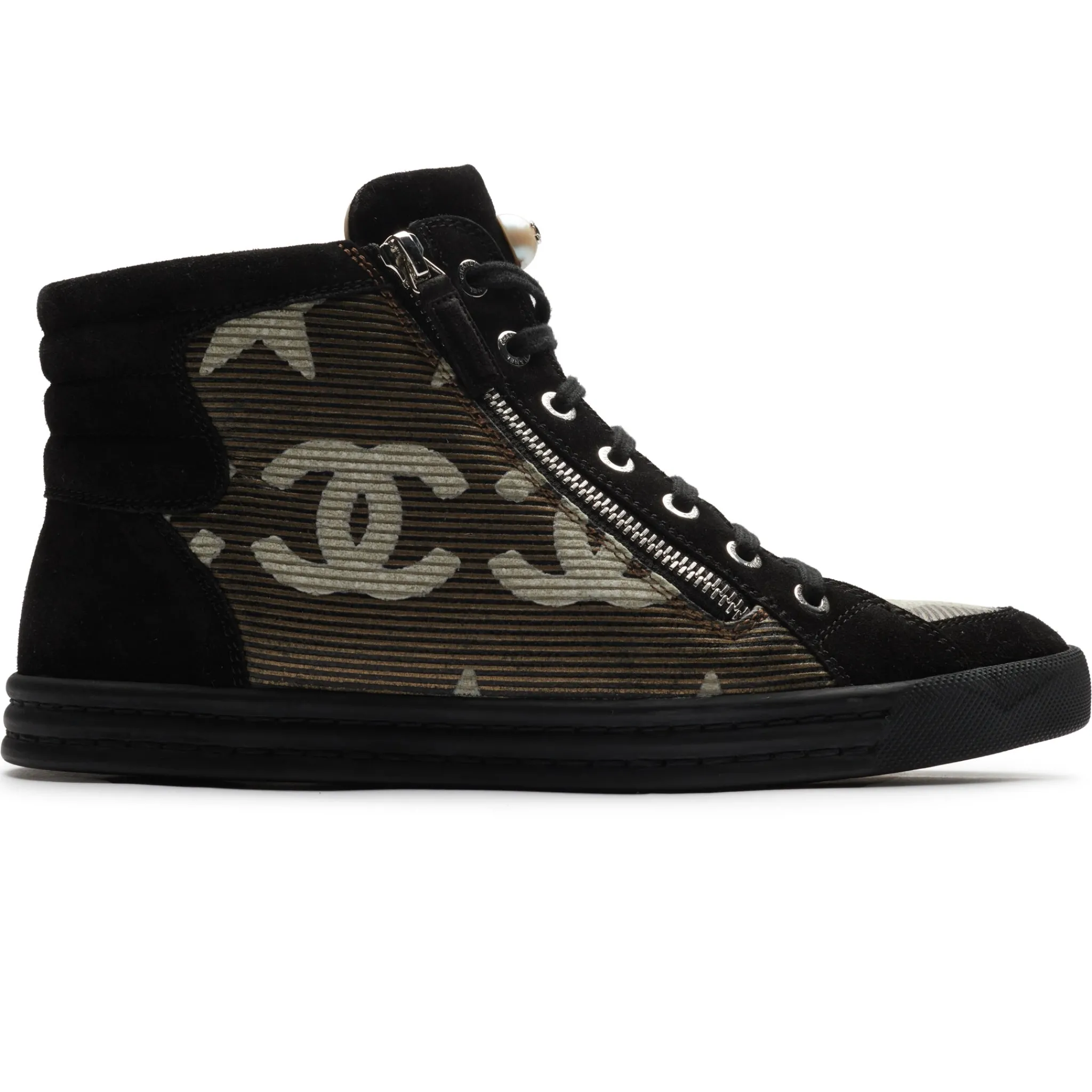 Chanel CC Star Suede Mesh Black High Sneaker - Preloved< Black Trainers|Designer Trainers