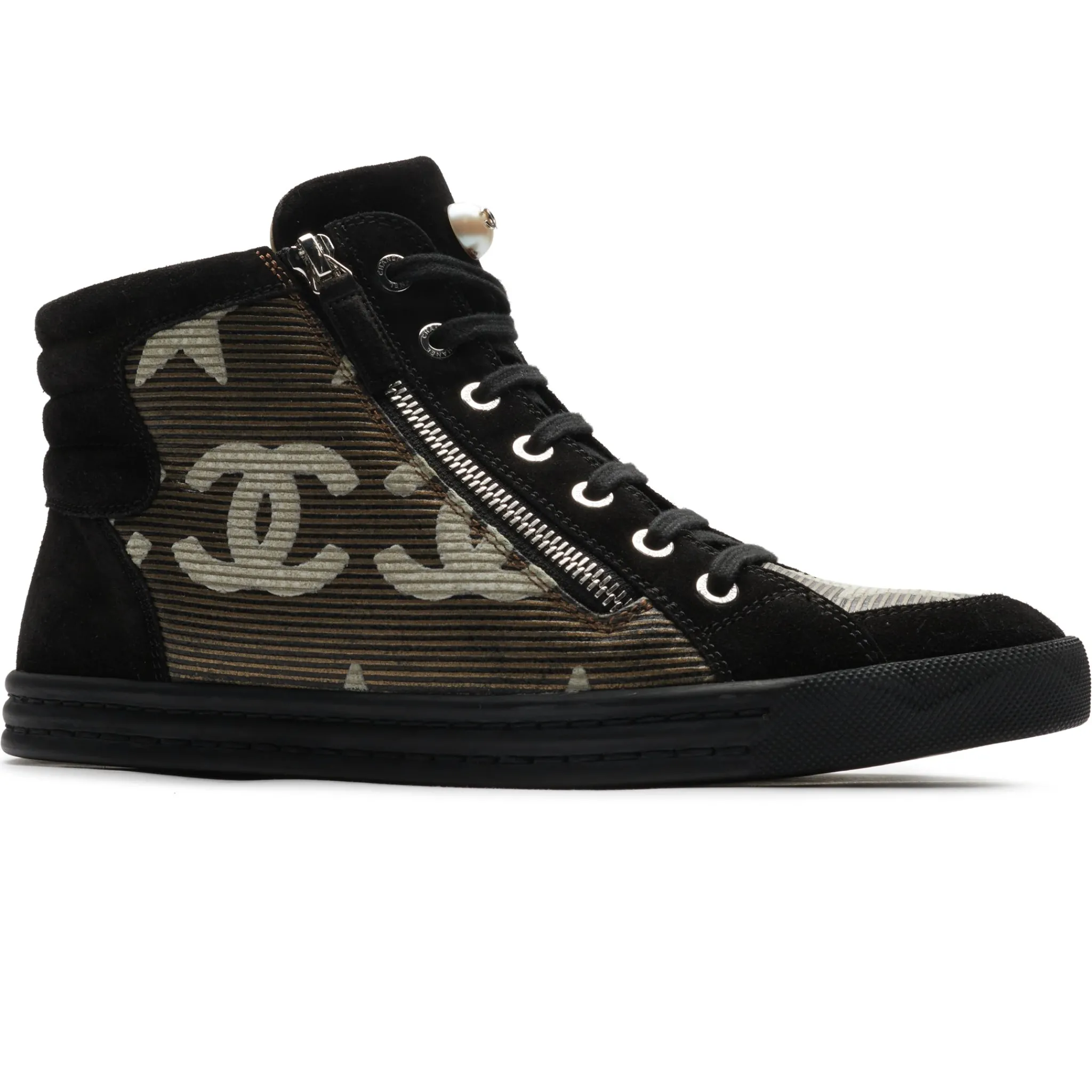 Chanel CC Star Suede Mesh Black High Sneaker - Preloved< Black Trainers|Designer Trainers