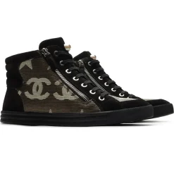 Chanel CC Star Suede Mesh Black High Sneaker - Preloved< Black Trainers|Designer Trainers