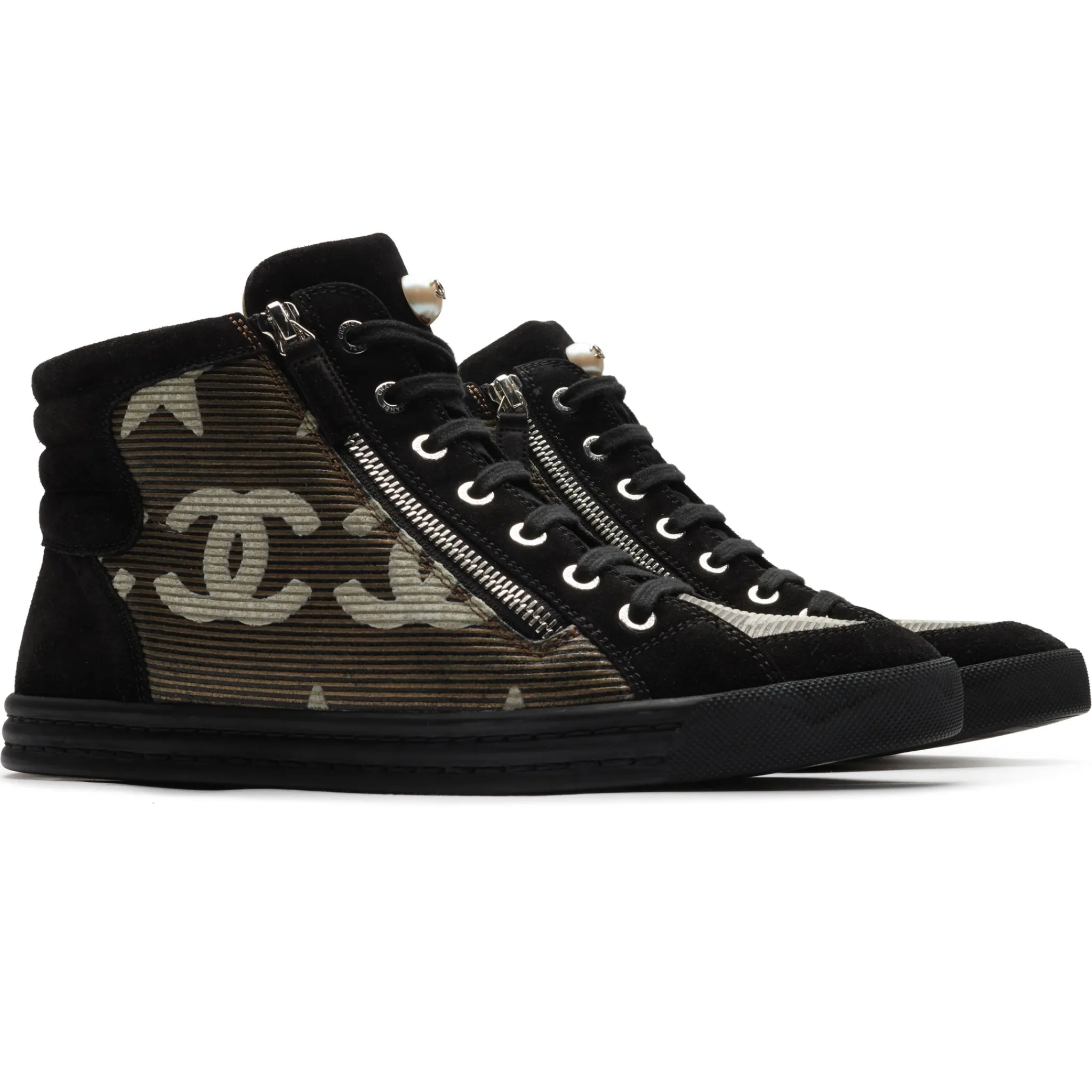 Chanel CC Star Suede Mesh Black High Sneaker - Preloved< Black Trainers|Designer Trainers