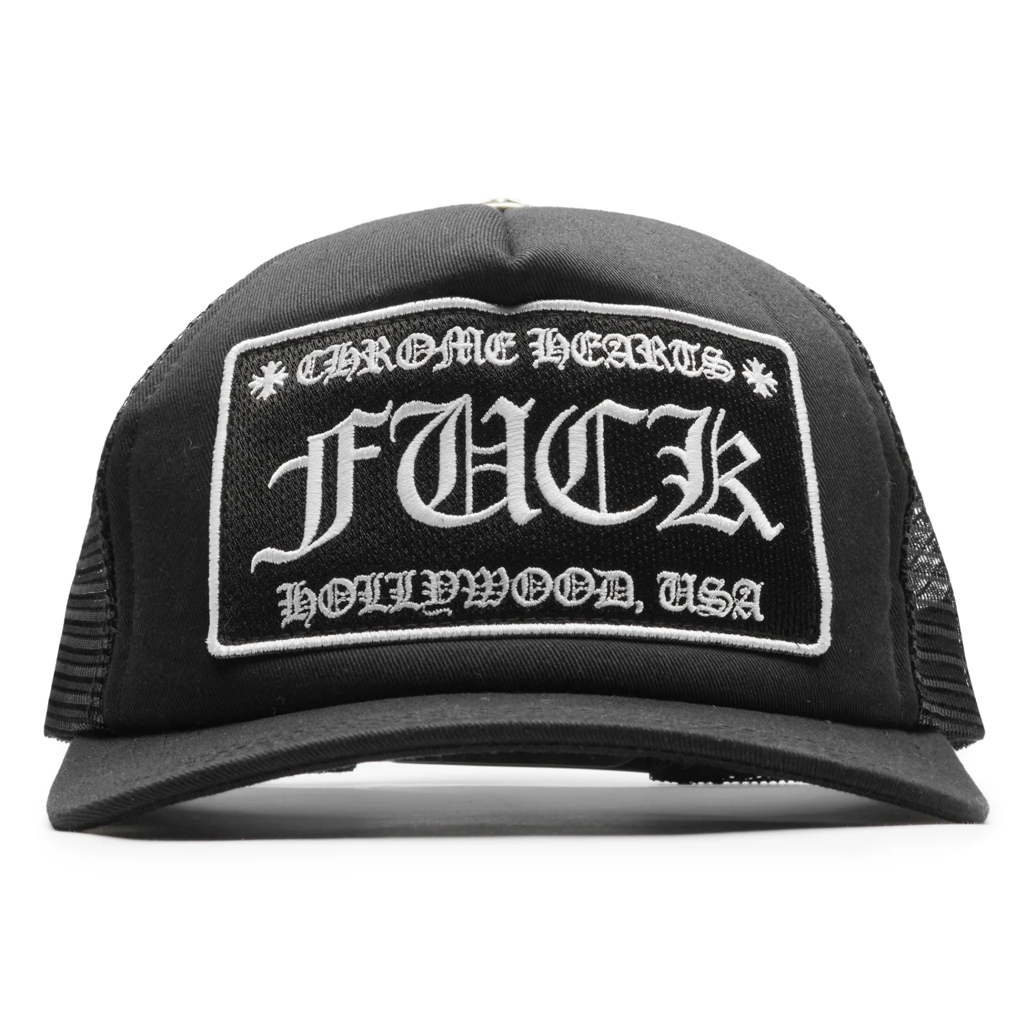 Chrome Hearts Fuck Hollywood Black Trucker Cap< Hats & Caps