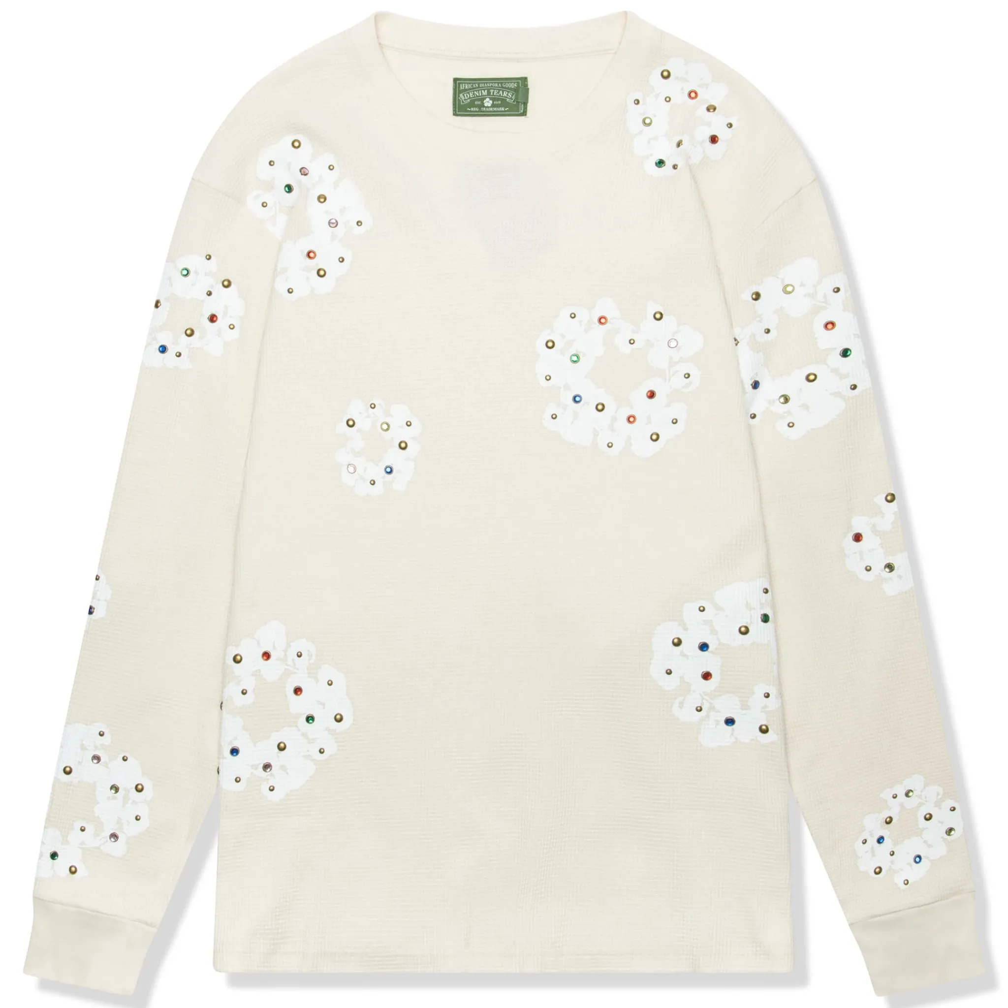 Denim Tears Rhinestone The Cotton Wreath Long-Sleeve Thermal Oatmeal T Shirt< T-shirts