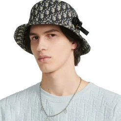 Dior Oblique Jacquard Navy Blue Beige Cotton Bucket Hat< Hats & Caps