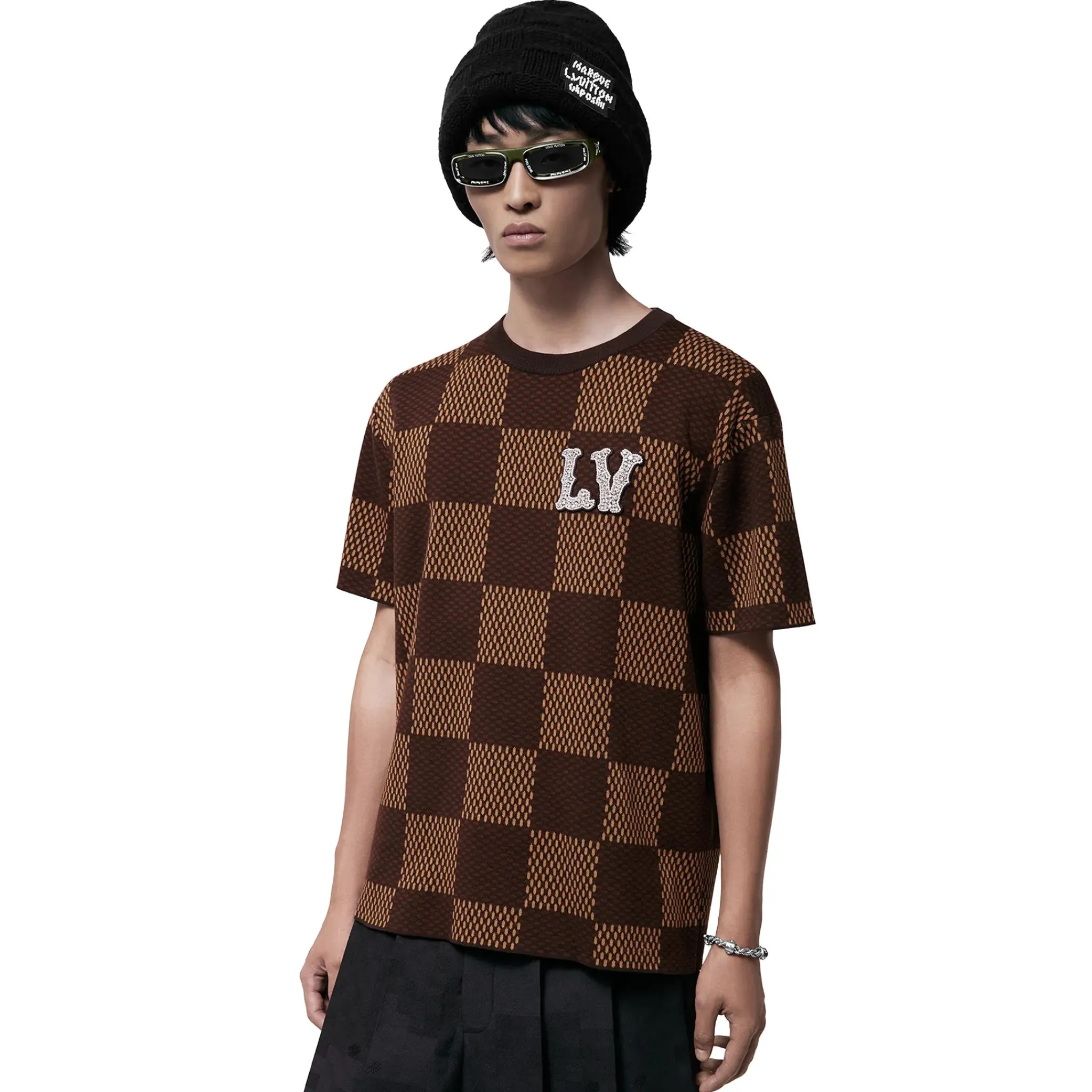 Louis Vuitton Damier LV Crystal Patch Brown T Shirt< T-shirts