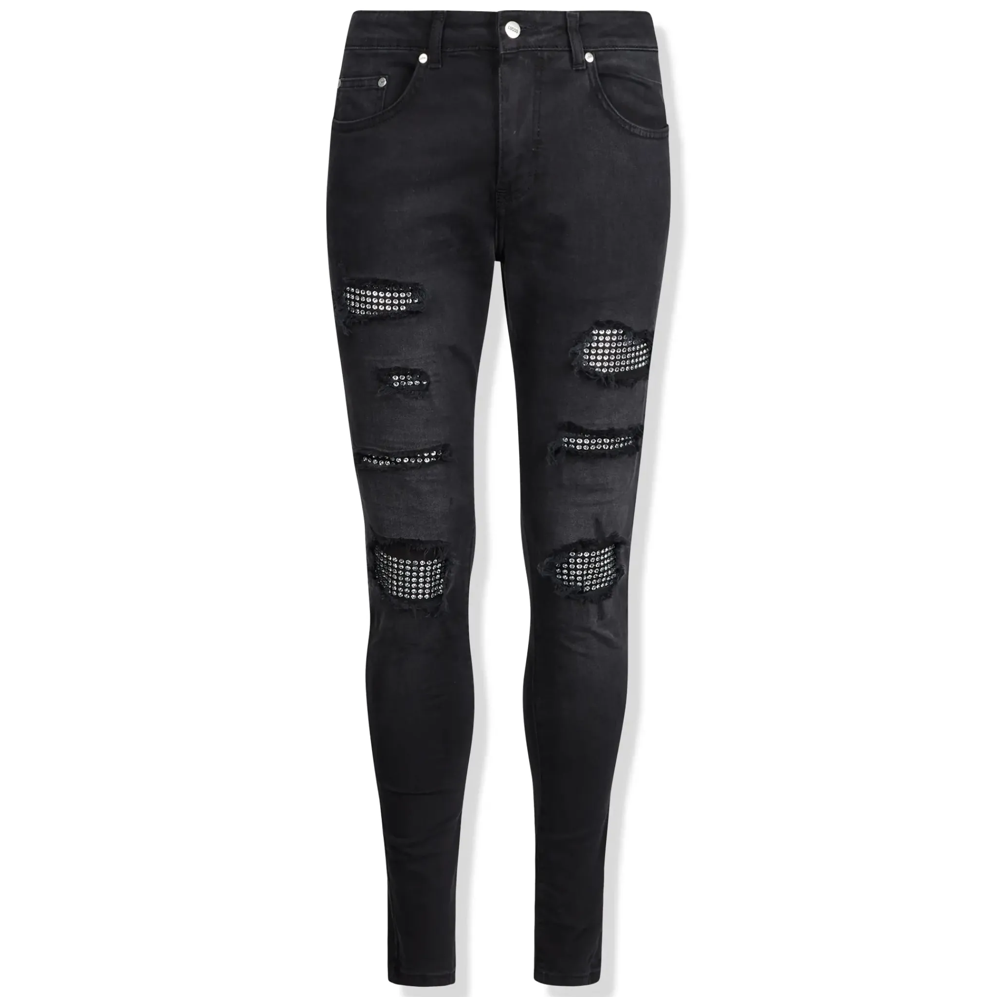 Lusso Destroyed Diamanté Washed Black Denim Jeans< Jeans|Bottoms