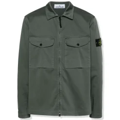 Stone Island Stretch Cotton Satin Dark Green Overshirt< Coats & Jackets