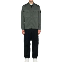Stone Island Stretch Cotton Satin Dark Green Overshirt< Coats & Jackets