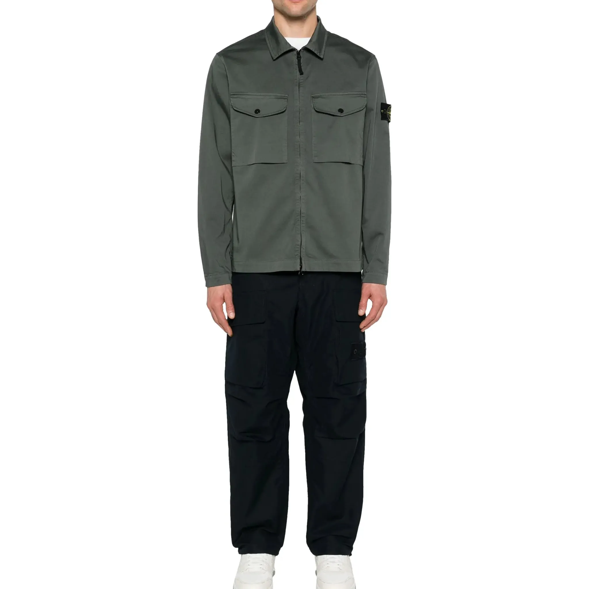 Stone Island Stretch Cotton Satin Dark Green Overshirt< Coats & Jackets