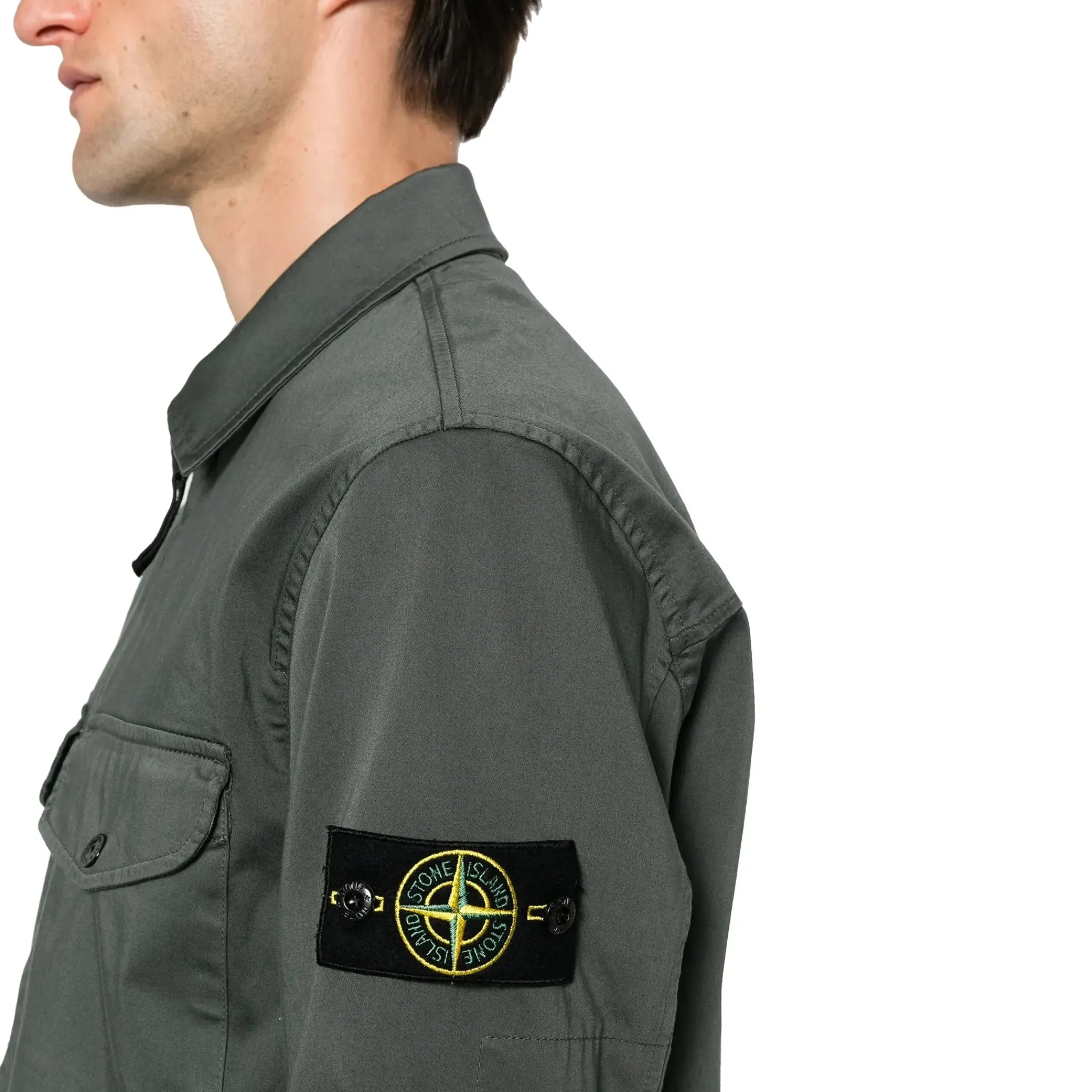 Stone Island Stretch Cotton Satin Dark Green Overshirt< Coats & Jackets